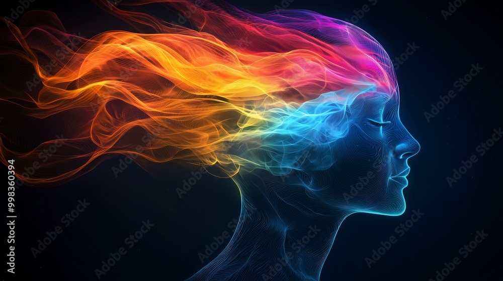 A vivid representation of a human silhouette with colorful flowing hair, symbolizing creativity and vibrant thoughts. A vivid representation of a human silhouette with colorful flowing hair, symbolizing creativity and vibrant thoughts.