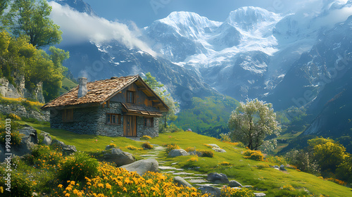An old house in natural view.big mountain.An isolated mountain hut in the foggy forest.