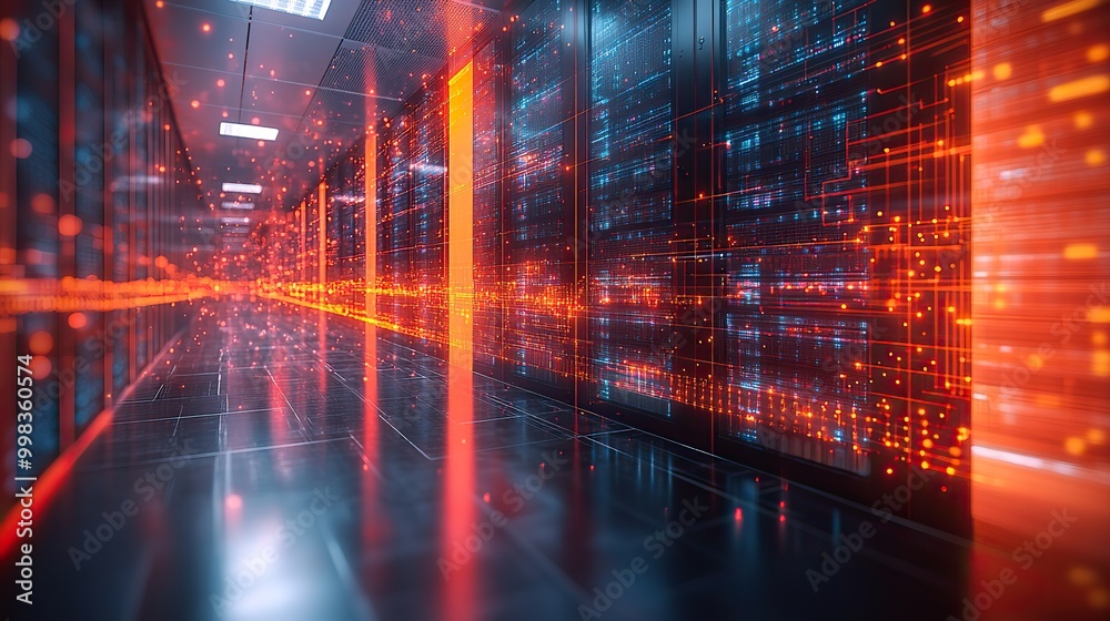 A data technology center with server racks, visualizing IoT data flow and digitalization in a complex environment. A data technology center with server racks, visualizing IoT data flow and digitalization in a complex environment.