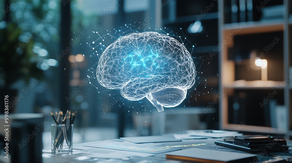 Obraz premium A digital brain is depicted in a modern office setting, symbolizing innovation and technology in cognitive science.