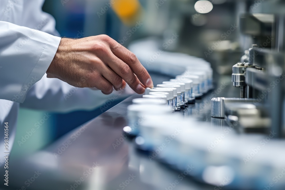 A hand adjusting vials on a production line in a laboratory setting. A hand adjusting vials on a production line in a laboratory setting.