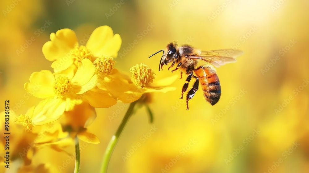Flying honey bee collecting pollen at yellow flower. Bee flying over the yellow flower in blur background Flying honey bee collecting pollen at yellow flower. Bee flying over the yellow flower in blur background