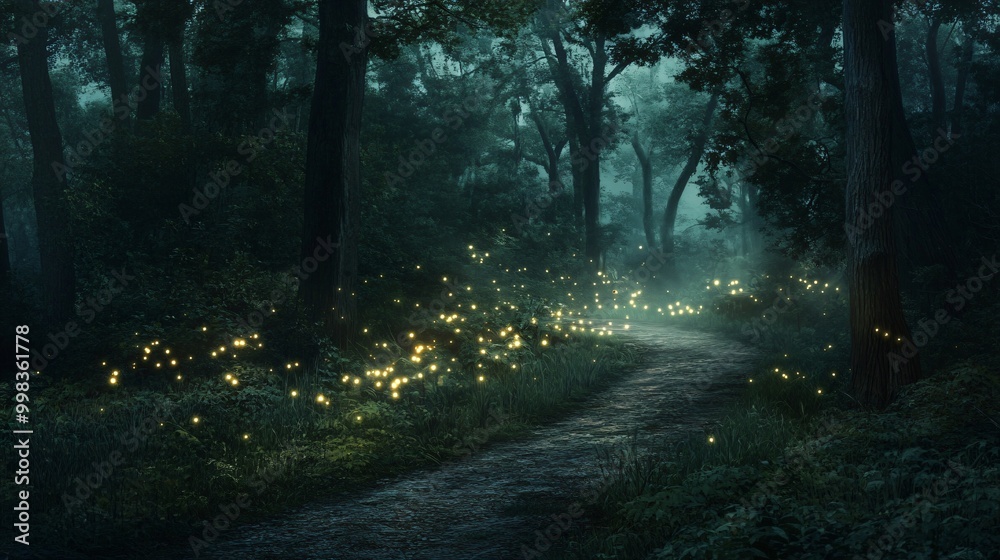 Obraz premium A winding path through a dark, enchanted forest illuminated by the glow of fireflies.