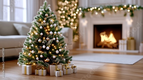 A small christmas tree with presents in front of a fireplace, AI