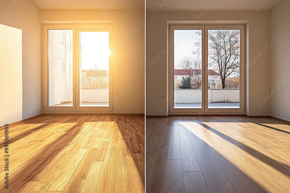 Obraz premium Bright sunlight streams into two empty rooms, highlighting newly installed wooden flooring and spacious interiors.