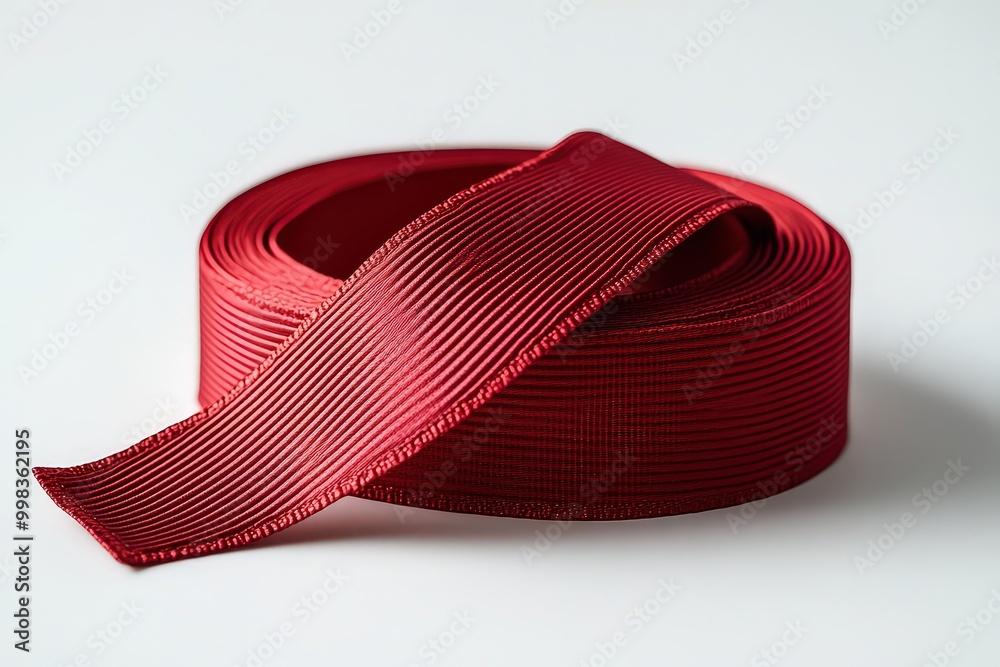 Neatly rolled red ribbon with detailed texture, perfect for gift wrapping and crafting projects. Neatly rolled red ribbon with detailed texture, perfect for gift wrapping and crafting projects.