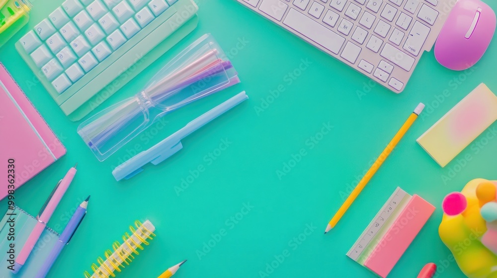 Pastel Colored School Supplies on Turquoise Background