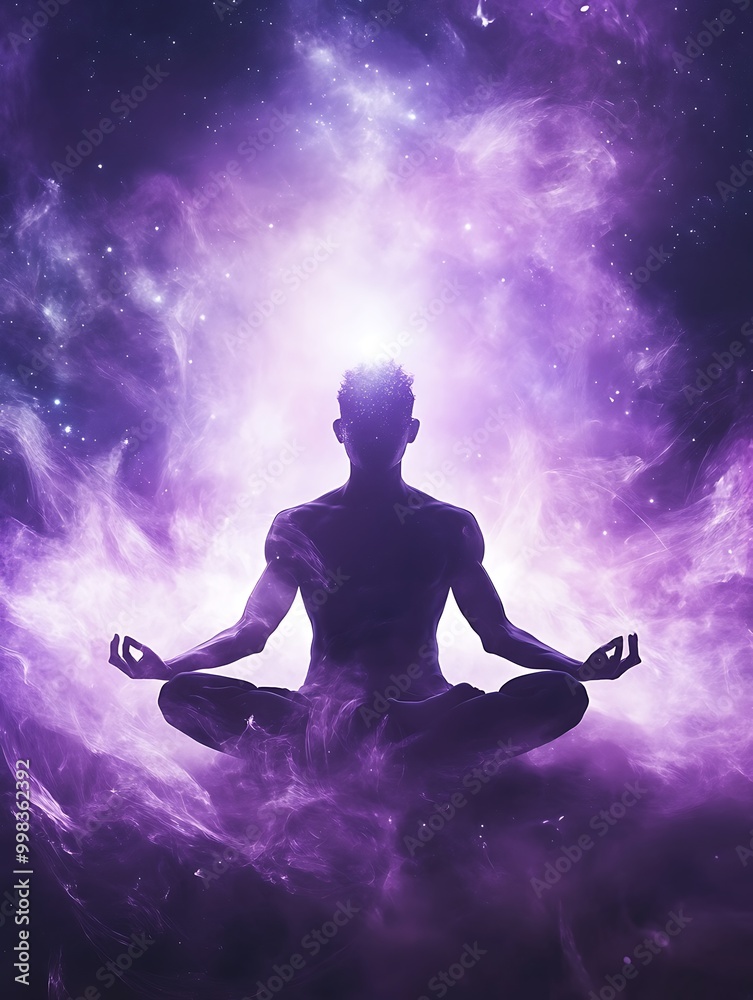 Silhouette of a man meditating in a purple nebula. Silhouette of a man meditating in a purple nebula.