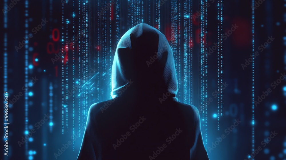 Anonymous Hacker Concept with Blue and Black Digital Background Anonymous Hacker Concept with Blue and Black Digital Background