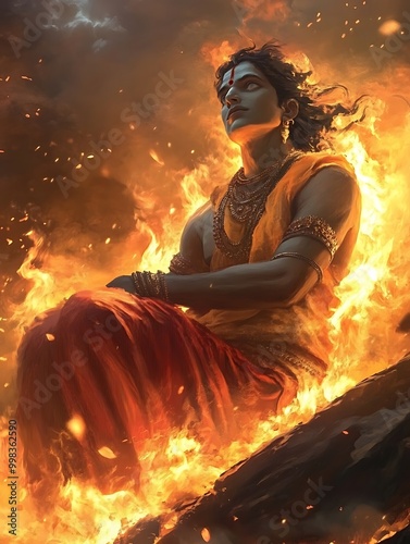 Hindu Deity in Flames, Artistic Depiction of Fire God Agni. photo