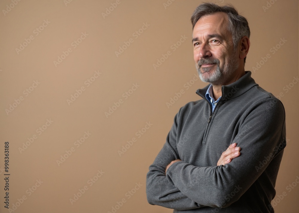 Mature man with confident smile looking away against beige background Mature man with confident smile looking away against beige background