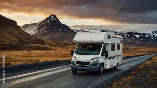 RV Motorhome camper van road trip. Tourists in rental car campervan by view of mountains in beautiful nature landscape on the road in Iceland at sunset. People on travel vacation adventure