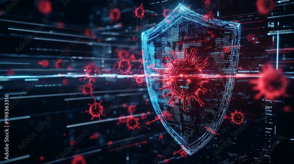 Obraz premium Glowing Red and Blue Virus Lines Breaking Through a Cybersecurity Shield