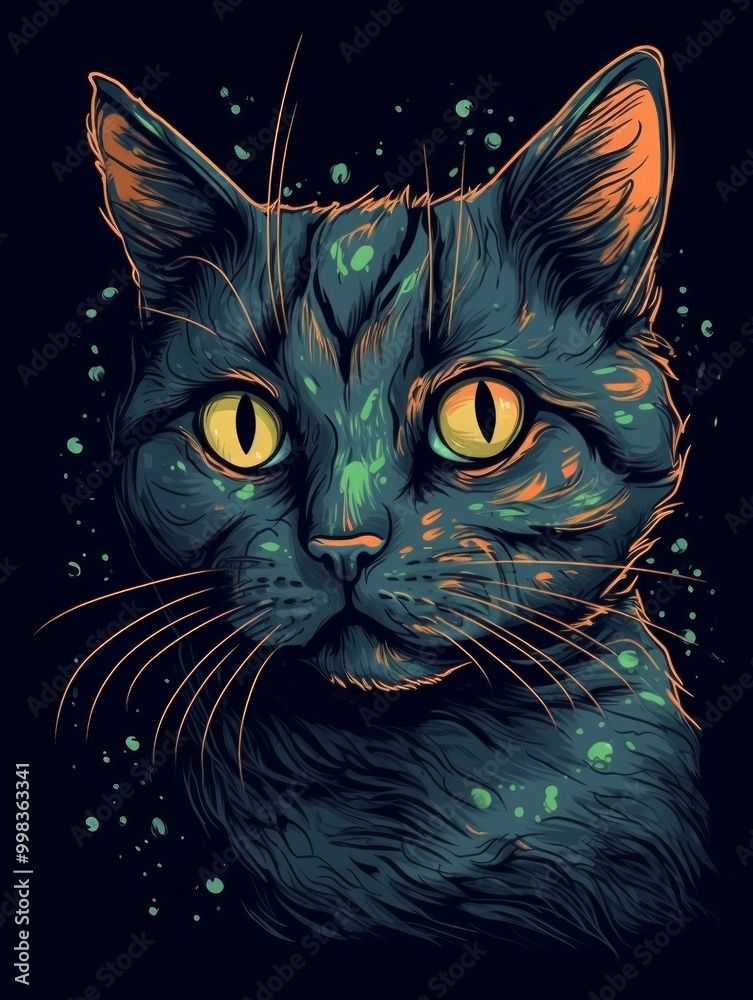 A vibrant illustration of a cat's face with striking colors. A vibrant illustration of a cat's face with striking colors.