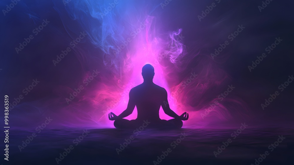 Mystical Glowing Symbols in the Air with Meditative Figure Mystical Glowing Symbols in the Air with Meditative Figure