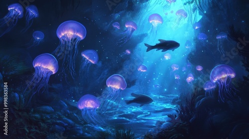 magical underwater world where a school of fish swims among glowing jellyfish.