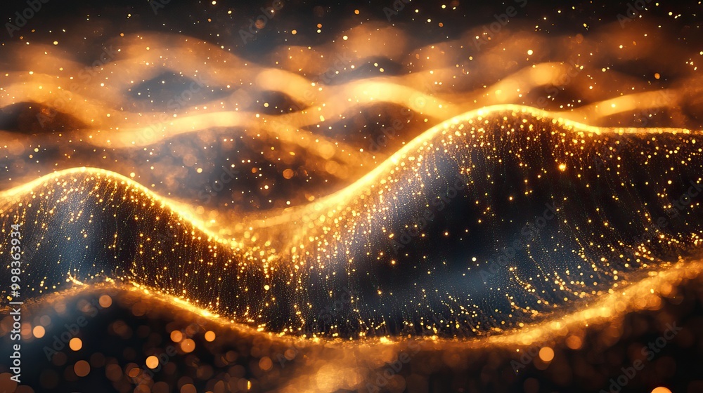 A digital wave in gold tones symbolizes abstract motion technology concepts. A digital wave in gold tones symbolizes abstract motion technology concepts.