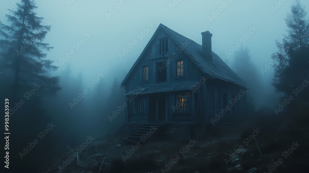 An old house in natural view.big mountain.An isolated mountain hut in the foggy forest. An old house in natural view.big mountain.An isolated mountain hut in the foggy forest.