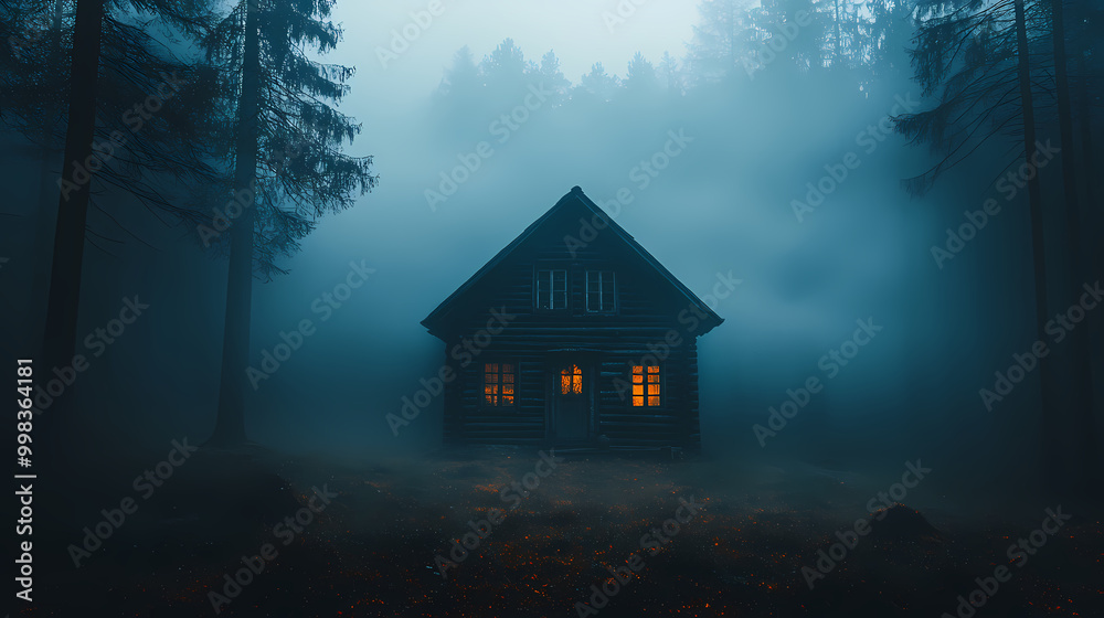 An old house in natural view.big mountain.An isolated mountain hut in the foggy forest. An old house in natural view.big mountain.An isolated mountain hut in the foggy forest.
