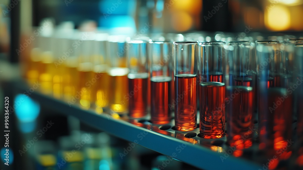 Test tubes filled with vibrant liquids rest in a rack, capturing the foreground's focus. This image evokes a laboratory atmosphere, a hub for scientific exploration and experimentation. Test tubes filled with vibrant liquids rest in a rack, capturing the foreground's focus. This image evokes a laboratory atmosphere, a hub for scientific exploration and experimentation.