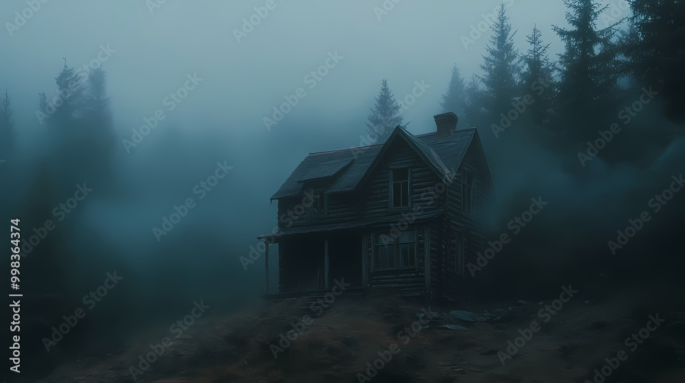 An old house in natural view.big mountain.An isolated mountain hut in the foggy forest. An old house in natural view.big mountain.An isolated mountain hut in the foggy forest.