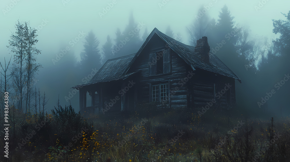 An old house in natural view.big mountain.An isolated mountain hut in the foggy forest. An old house in natural view.big mountain.An isolated mountain hut in the foggy forest.