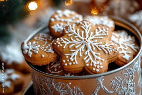 Festive Christmas cookies decorated with icing in a decorative holiday tin