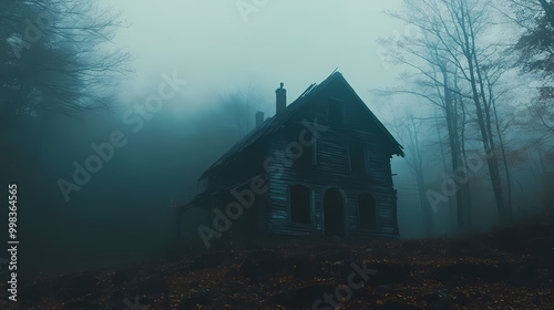 An old house in natural view.big mountain.An isolated mountain hut in the foggy forest.