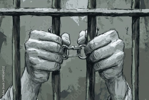 Sketch of hands in handcuffs gripping prison bars in gray tones photo