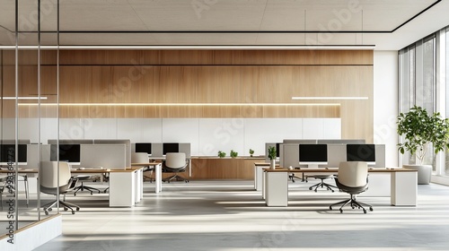 The modern open-plan office exhibits a minimalist aesthetic, characterized by clean lines and an organized layout. Rows of individual workstations, each equipped with a computer and ergonomic chair