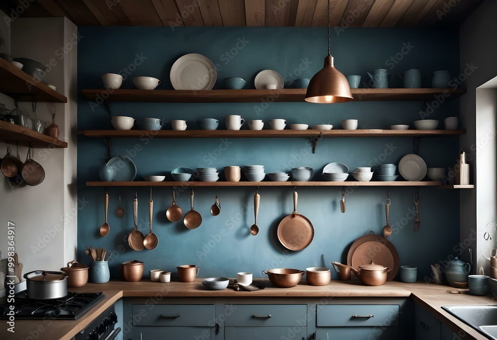 A cozy and rustic kitchen interior with wooden shelves, various cooking utensils and dishes, and a warm lighting setup A cozy and rustic kitchen interior with wooden shelves, various cooking utensils and dishes, and a warm lighting setup
