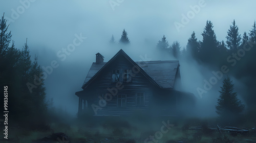 An old house in natural view.big mountain.An isolated mountain hut in the foggy forest.