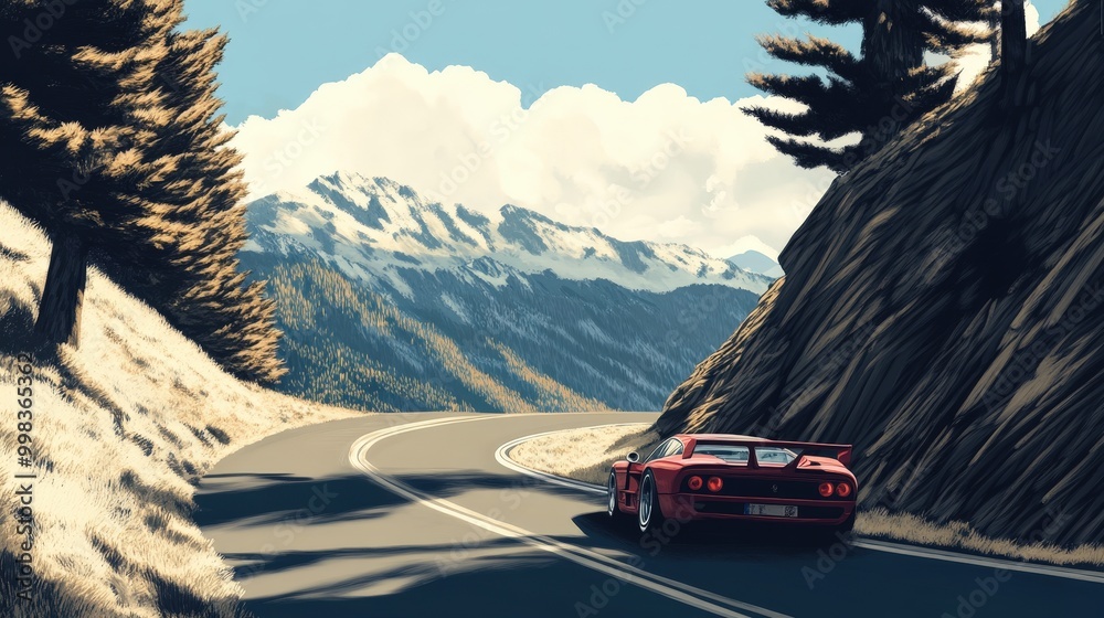 racing car on a winding mountain road, with dramatic elevation changes and scenic views. racing car on a winding mountain road, with dramatic elevation changes and scenic views.