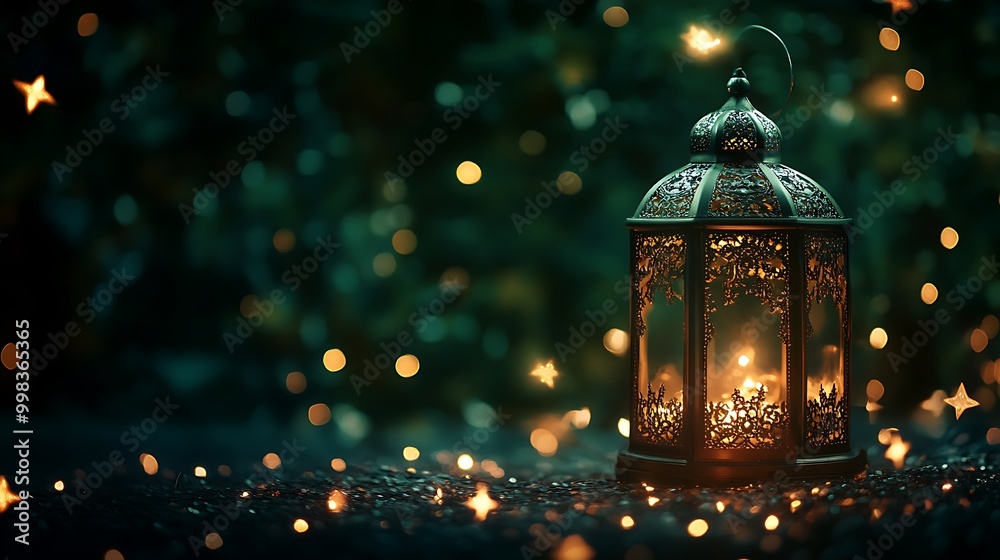 A delicate lantern with intricate patterns, surrounded by stars and lights, symbolizing the holy month of Ramadan A delicate lantern with intricate patterns, surrounded by stars and lights, symbolizing the holy month of Ramadan