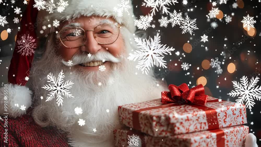 Santa Claus wearing his red suit is holding a stack of red and white gift boxes in his hands. Santa Claus wearing his red suit is holding a stack of red and white gift boxes in his hands.
