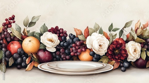 Vibrant fruits and flowers arranged elegantly on a table. photo