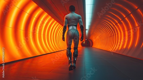 A futuristic corridor is illuminated as an amputee sportsman walks with bionic prosthetic legs. photo