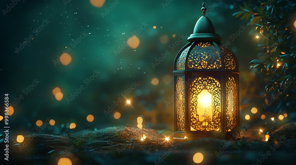 A delicate lantern with intricate patterns, surrounded by stars and lights, symbolizing the holy month of Ramadan A delicate lantern with intricate patterns, surrounded by stars and lights, symbolizing the holy month of Ramadan