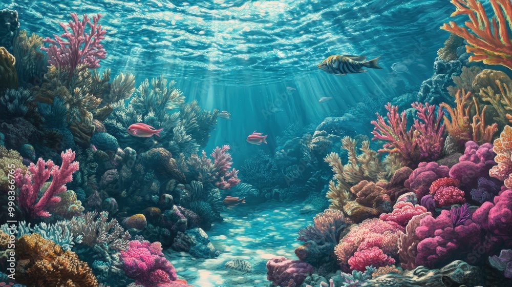 Naklejka premium tranquil underwater environment where a school of fish swims near a submerged coral garden.