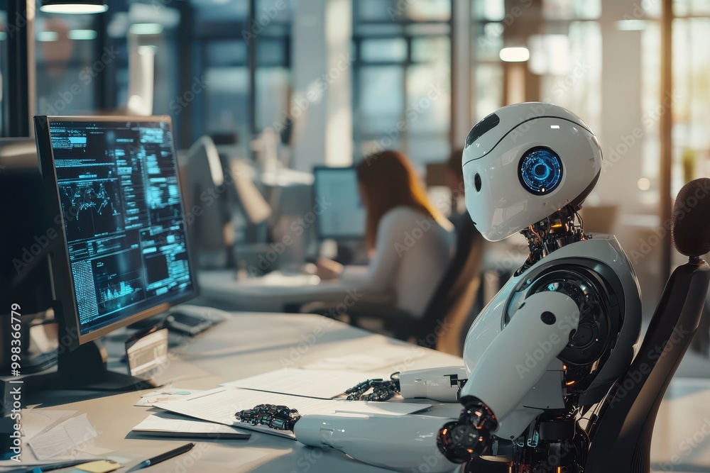 Fototapeta premium A humanoid robot working at a desk with computer screens in a modern office environment.