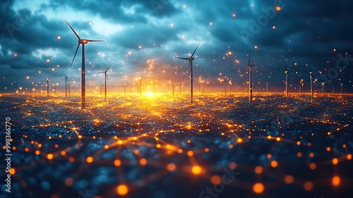 A futuristic digital network manages power control for wind turbines on renewable energy farms, showcasing the global market trade in alternative clean energy technology.