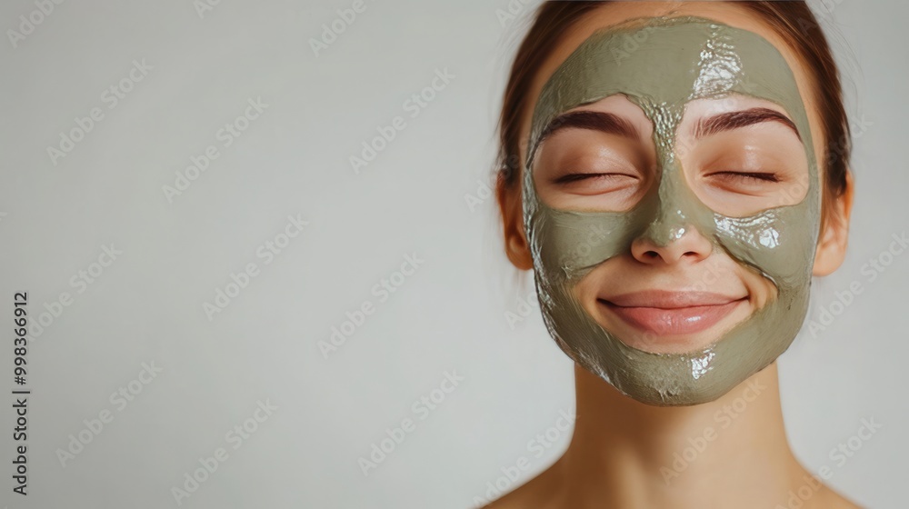 Woman with a green facial mask smiling in a relaxed setting. Woman with a green facial mask smiling in a relaxed setting.