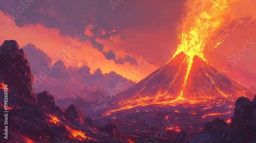 volcanic eruption occurring during sunset, with the bright colors of the sky blending with the fiery glow of the lava and ash.