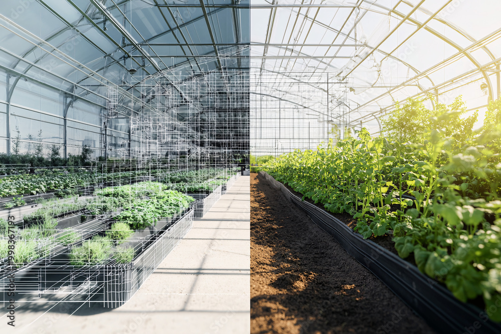 Holographic greenhouse transformation showing modern agricultural technology, digital blueprint grid contrasted with real-world plants growing under natural light, the fusion of nature and tech. Holographic greenhouse transformation showing modern agricultural technology, digital blueprint grid contrasted with real-world plants growing under natural light, the fusion of nature and tech.