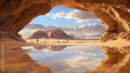 Tuareg rock art in a desert cave, showing ancient hunting scenes photo