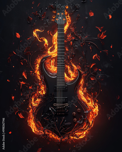 Fiery Music Theme with Electric Guitar and Artistic Leaves