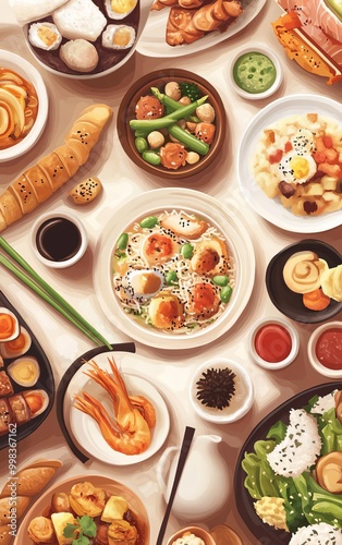 Wallpaper Mural Table filled with diverse dishes from different culinary cultures flat design top view global cuisine theme cartoon drawing colored pastel Torontodigital.ca