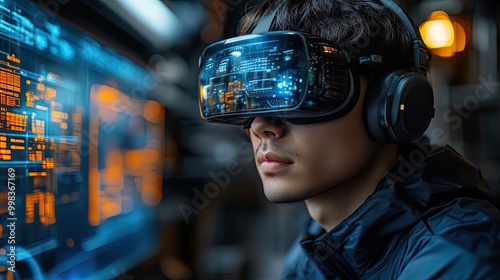 A futuristic factory integrates VR headsets and AR to blend human skills with smart technology, enhancing productivity.