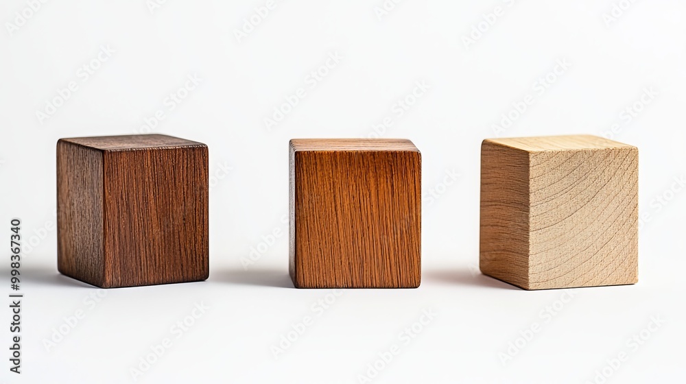 Three wooden cubes, each a perfect square, rest alone against a white backdrop. The image evokes discussions on color theory, the interplay of geometric shapes, Three wooden cubes, each a perfect square, rest alone against a white backdrop. The image evokes discussions on color theory, the interplay of geometric shapes,