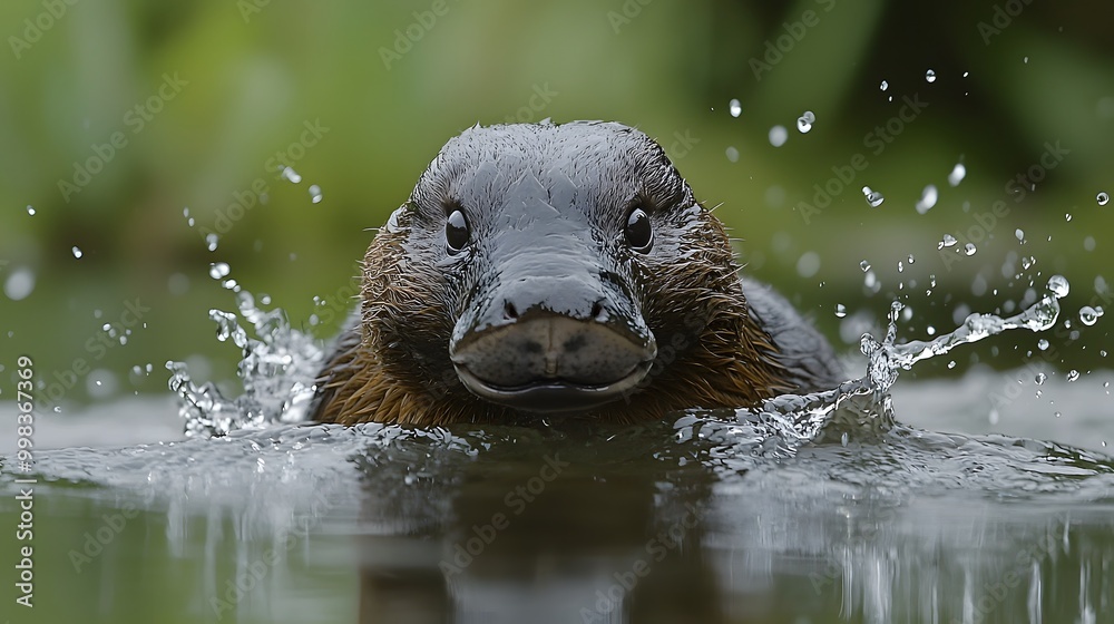 Naklejka premium A curious otter emerges from the water, droplets glistening around its face.